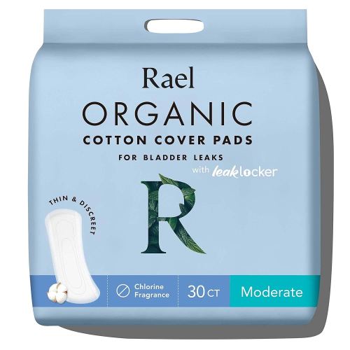 Rael Incontinence Pads for Women, Organic Cotton Cover - Postpartum Essential, Heavy Absorbency, Bladder Leak Control, 4 Layer Core with Leak Guard Technology, Long Length (Moderate, 30 Count)