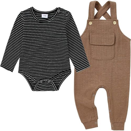 CARETOO Newborn Baby Boy Clothes Infant Boy Romper Fall Winter Outfits Bodysuit 2Pcs Striped Long Sleeve Top Overalls 0-18M