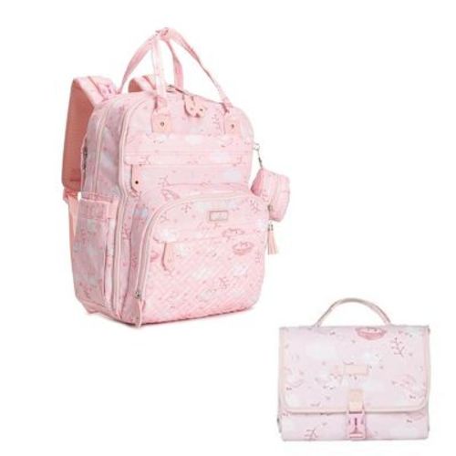 Babbleroo Premium Bundle Original Diaper Bag Backpack Pink Birdy and Changing Pad