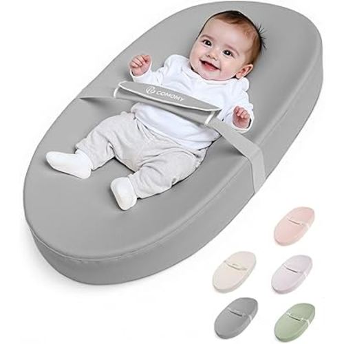 COMOMY Baby Changing Pad with Wipeable & Waterproof PU Cover, Contoured Diaper Changing Pad for Dresser with Non-Slip Safety Belt, Portable and Lightweight, Large Cushioned Foam, Gray