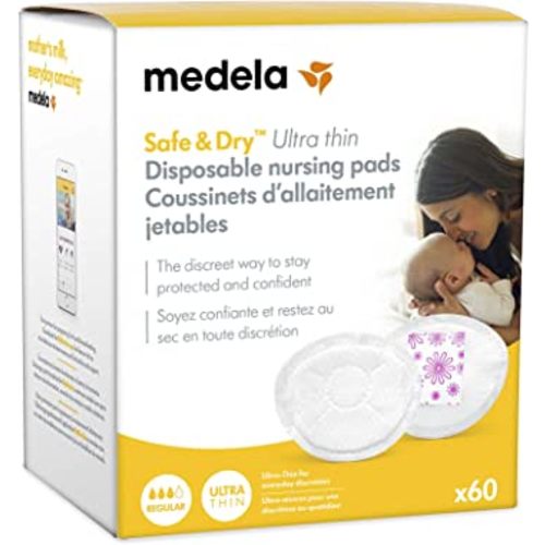 Medela Safe & Dry Ultra Thin Disposable Nursing Pads, 60 Count Breast Pads for Breastfeeding, Leakproof Design, Slender and Contoured for Optimal Fit and Discretion(Pack of 1)