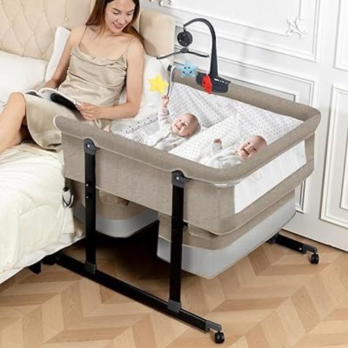 Twin Bassinet with Music Toys & Mosquito Net, Foldable Twin Bassinet for 2 Babies with Storage Basket & Carry Bag, Portable Bedside Sleeper Grey