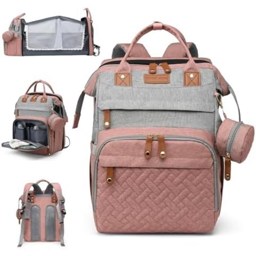 Baby Diaper Bags with Changing Station, Large Capacity Diaper Bag Backpack for Moms Dads with USB Charging Port,Travel Baby Bag with Pacifier Case & Stroller Straps(Up-PinkGrey)