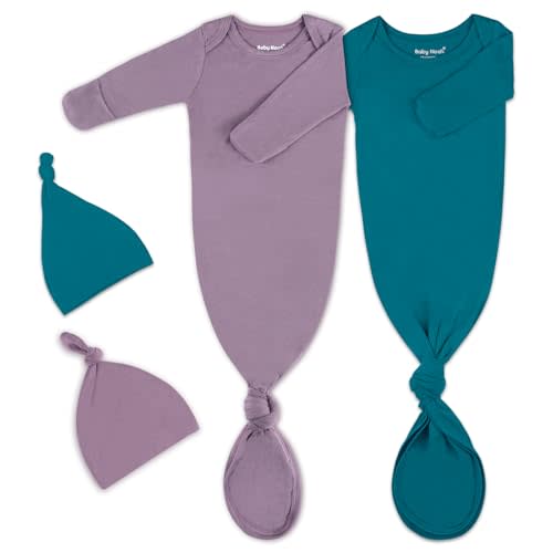 2Pack Knotted Gown Baby, Super Soft Long Sleeve Newborn Hospital Outfit Boy Girl Coming Home, Built-In Mittens Clothes