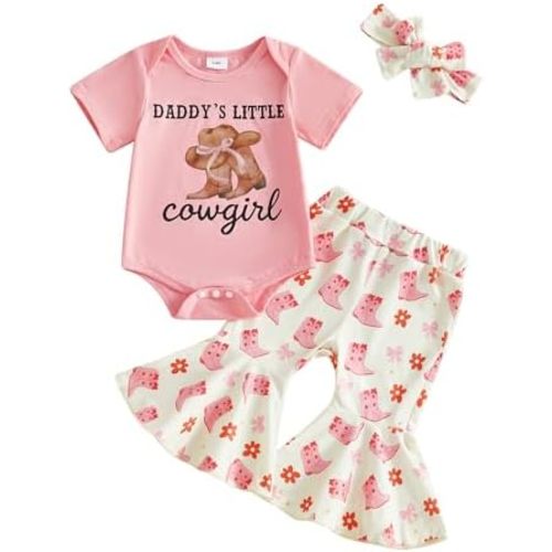 Baby Girl Western Outfit Boots Letter Print Short Sleeve Romper Flare Pants and Headband 3 Piece Set Newborn