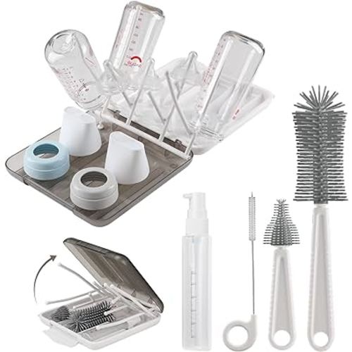 Baby Bottle Brush,6 in 1 Bottle Cleaner Brush Kit with Extendable Silicone Bottle Brush,Drying Rack,Nipple Brush,Straw Brush,Soap Dispenser & Organizer Case,Ideal Gifts for Babies& Moms-White