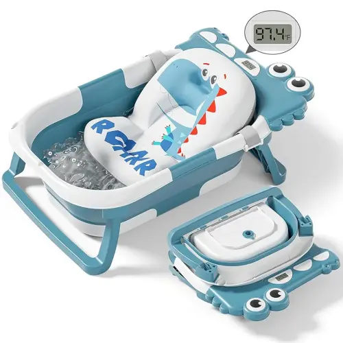 Collapsible Baby Bathtub for Newborn, Foldable Baby Bath Tub with Thermometer & Soft Floating Cushion & Drain Hole, Portable Travel Infant Bath Tubs for Newborns to Toddler 0-36 Months Girl, Blue