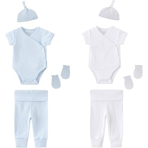 Newborn Infant Baby Boy Girl 100% Cotton Bodysuits Short Sleeve, Pants,Caps and Scratch Mittens Solid Color