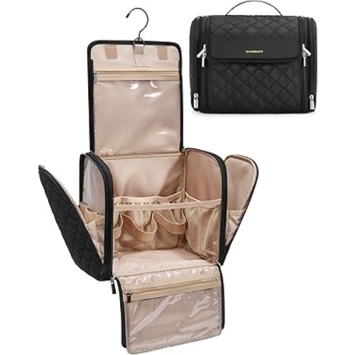 BAGSMART Hanging Travel Toiletry Bag, Large Capacity Water-resistant Cosmetic Organizer with Handle for Brushes Accessories, Black