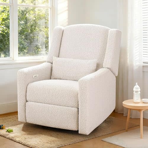 Power Recliner Chair Swivel Gilder Rocking Chairs Skin-Friendly Power Recliner Nursery Chair for Adults with Waist Pillow, USB Charging (Beige, Only Recliner Chair)