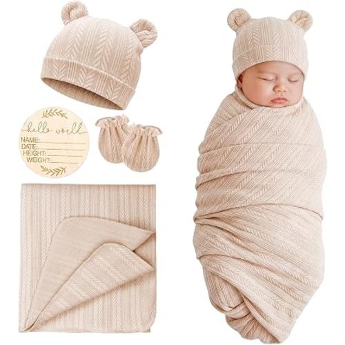 DRESHOW BQUBO Newborn Receiving Blankets for Baby Girl Boy Swaddle with Bear Hat No Scratch Mittens Announcement Card Set for 0-3 Months