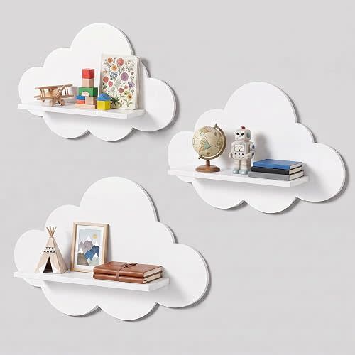 3 Pcs Floating Cloud Shelves for Wall, 3 Sizes Floating Shelves White Wavy Wooden Wall Decor for Nursery, Living Room, Bedroom, Kids Room