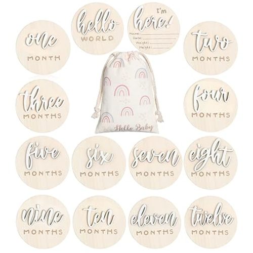 7 Pack 3D Baby Monthly Milestone Card Signs Baby Announcement Sign Double Sided Hello World Newborn Signs Wooden Circles Discs for Welcome Newborn Boy Girl Photo Props(White,Letter)