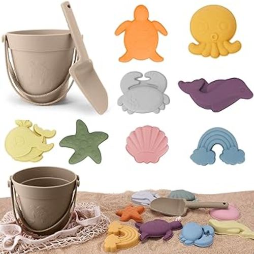 11Pcs Beach Toys Silicone Modern Baby Beach Toys with Beach Bag Travel Friendly Beach Set,Silicone Bucket, Shovel, 8 Sand Molds,Silicone Sand Toys for Toddlers, Kids (Begie)