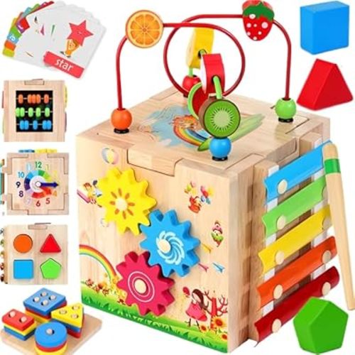 8-in-1 Wooden Baby Activity Cube - Xylophone, Shape Sorter, Abacus| 1st Birthday Gift Toys for One 1 2 3 Year Old Boy Girl | Montessori Educational Learning Toddler Toy| Bonus Sorting & Stacking Board