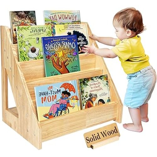 5 Tier Montessori Bookshelf Solid Wood, Nursery Bookcase, Toddler Book Display Shelf for Toddler, 17" Height