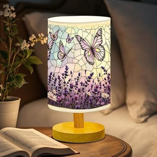 Lavender Monarch Butterflies Table Lamp LED 3-Color Pressed Bedside, Lavender Monarch Butterflies Shade Lamp with Wood Base for Bedroom Living Room Desk Office