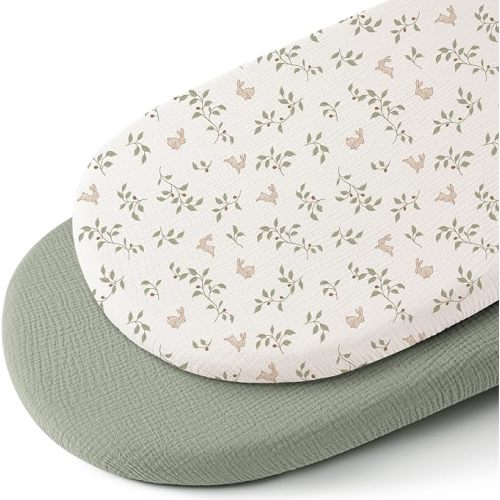 Konssy 2 Pack Muslin Bassinet Sheets for Boys, Girls, 100% Cotton Soft Breathable Fitted Bassinet Mattress Sheet, 32 x 16 inches (Sprout,Fog Green)