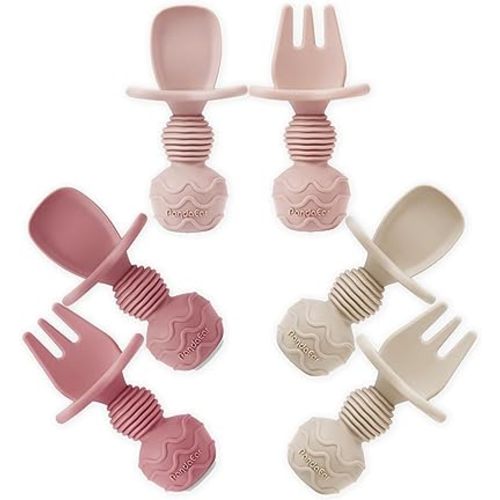 PandaEar 6 Pack Silicone Baby Spoons and Fork Feeding Set- Anti-Choke First Self Feeding Utensils for Baby Led Weaning Ages 3 Months -Pink
