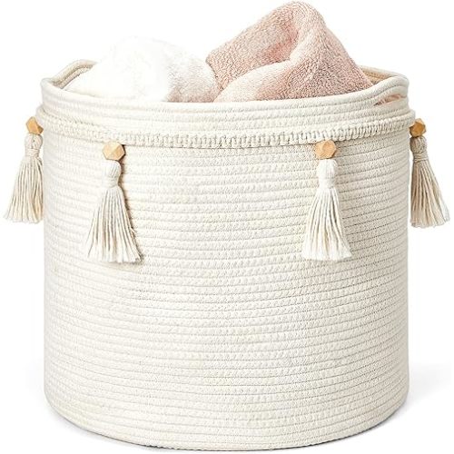 Mkono Macrame Decorative Cotton Rope Basket Boho Cute Woven Tassel Closet Storage Bins Organizer for Nursery,Baby Toys,Blankets,Magazines, Potted Plants Cover,Living Room,Bedroom Home Decor 15"x 14"