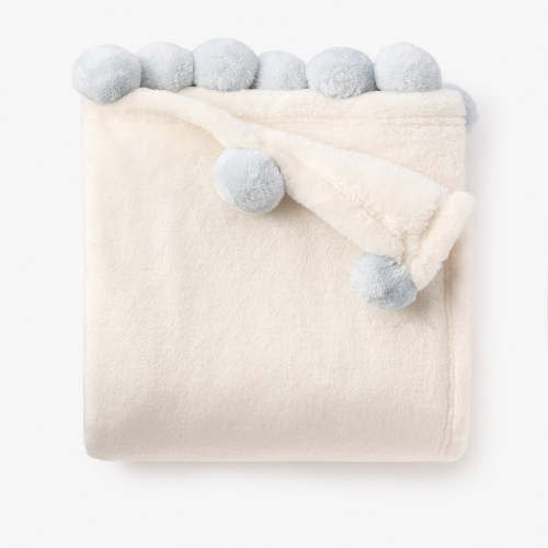 Pale Blue Pom Trim Fleece Baby Stroller Blanket – Elegant Baby