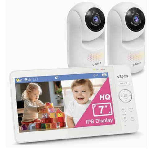 VTech Advanced HQ Max Twin 7" Digital Video 2-Cameras Baby Monitor with Pan Tilt Zoom, Long Battery Life 5000mAh, IPS Screen, Adaptive Multi-Color Night Light, 2-Way Talk, HQ Display, No WiFi, White