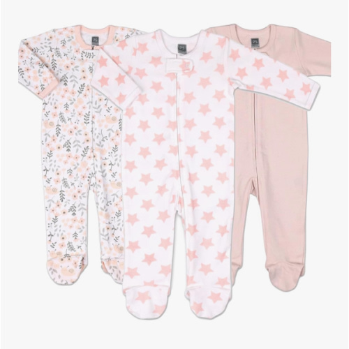 The Peanutshell Baby Sleeper Set for Baby Girls | 3 Pack in Pink Floral, Blush, & Stars | Newborn to 9M Footed Girl Pajamas