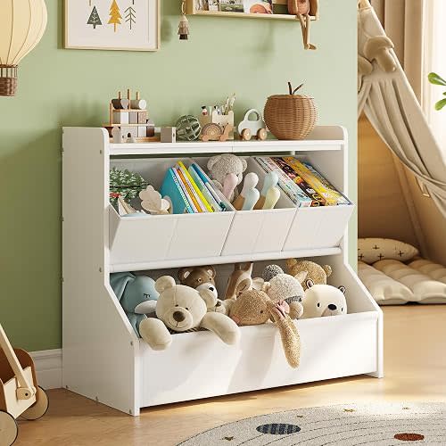 Kids Toy Storage, 3-Tier Toddler Toy Storage Organizer with Bookshelf, Fabric Removable Storage Bins, Safe Stable, for Living Room Nursery, White, Patent Design