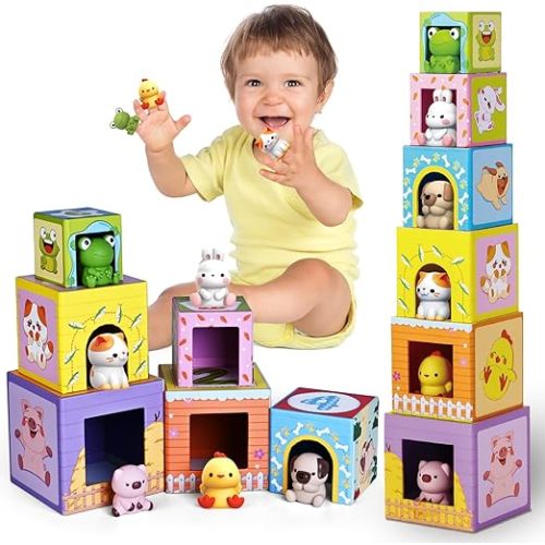 Toddler Toys for 1 2 3 Year Old Kids, Farm Animals Sorting and Stacking Toys, Nesting Boxes Toy Sets, Gifts for Babies Age 1 2 3, Nesting and Stacking Blocks Toys with Animals Finger Puppets