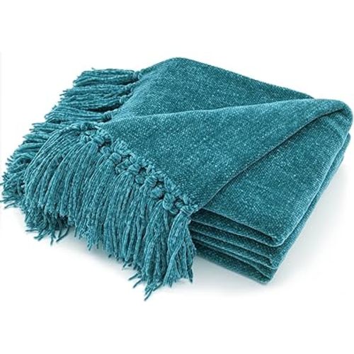 RECYCO Throw Blanket Soft Cozy Chenille Throw Blanket with Fringe Tassel for Couch Sofa Chair Bed Living Room (Teal, 50'' x 60'')