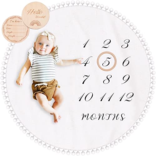 Baby Milestone Monthly Blanket with Double-Sided Milestone Cards and Circle Ring Play Mat Large(43.3" X43.3') Double Sided Pom Pom Ball Thick Flannel Round Rug for Boy Girl, Baby Photography Props