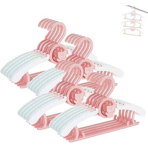HGYZE Baby Hangers for Closet, Non-Slip 11"-14" Adjustable Infant Clothes Hanger for Nursery, 0-18yrs Plastic Kid Hanger Clothing Organizer, Children Pink Plastic Rack for Newborn Toddler Coat, 20pcs
