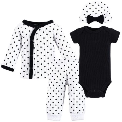 Hudson Baby Girls Thermal Preemie Layette 4pc Set, Black White Dots, Preemie