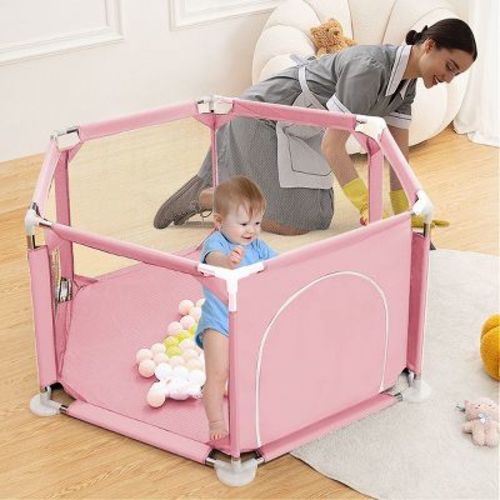 Gotgelif 50"x50" 6-panel Baby Playpen Spacious & Secure Foldable Playard Pink