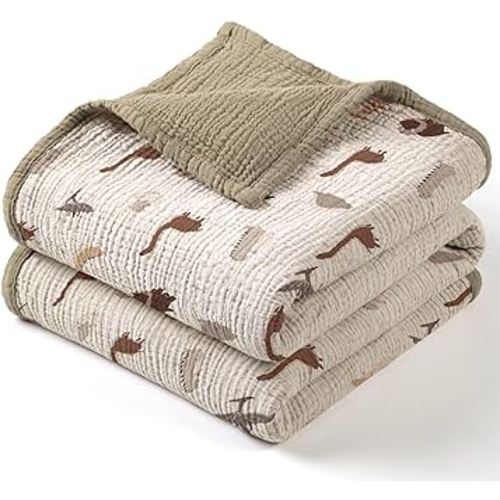 lulumoon Muslin Baby Blanket - Cotton Quilt Blankets for Toddlers - Reversible Nursery Crib Blanket for Baby Boys and Girls 47"x47"(Olive Dinosaur)