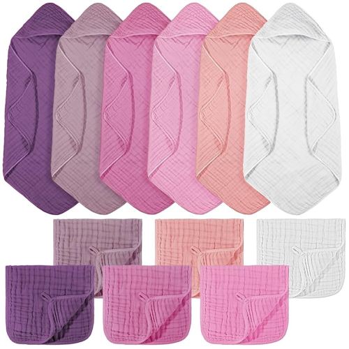 12 Pcs Baby Muslin Hooded Bath Towels and Washcloths, 32 x 32 Inch Muslin Cotton Hooded Baby Towels Absorbent Hooded Blankets for Gift Newborn Infant Shower (Pink Purple Series)