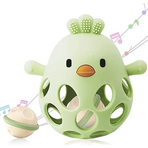 2-in-1 Baby Teething Toy, Easy Grasp Oball Rattle & Teether Toy for Babies 0-12 Months, 100% Food Grade Silicone, 3-6 6-12 Month Baby Teething Relief Toy, BPA Free (Olive)