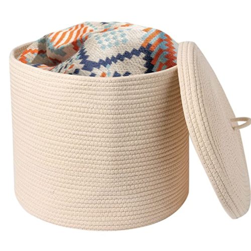 Blanket Basket with Lid, 16"D x 14"H Large Woven Rope Basket Laundry Basket Baby Toy Storage Basket Hamper Decorative Nursery Bin for Living Room Bedroom with Handles (Beige) - 16x14 Inch (Pack of 1)