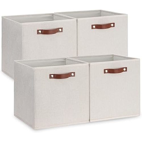 Temary Fabric Storage Cubes Storage Bins with Dual Leather Handles, 4 Pack Cube Baskets 13x13 Foldable Cube Organizers for Shelves, Home, Office, Nursery