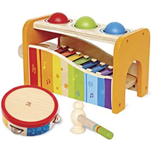 Hape Pound, Tap, & Shake! Music Set - Award Winning Wooden Pounding Bench, Baby Xylophone, and Tap Along Tambourine - Developmental, Non-Toxic, Montessori Musical Toys for Toddlers 1 - 4 Years Old