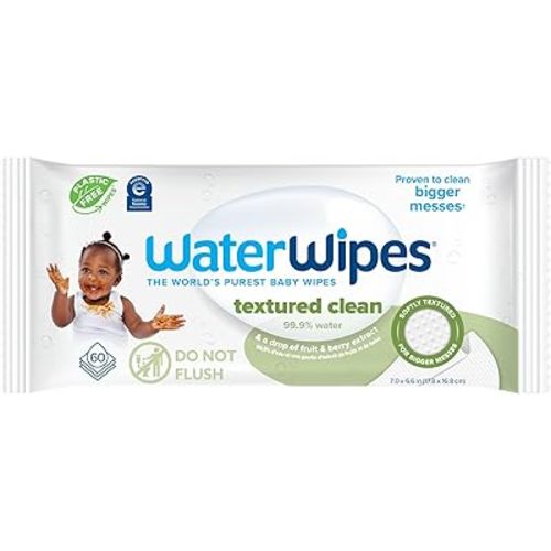 WaterWipes Plastic-Free Textured Clean, Toddler & Baby Wipes, 99.9% Water Based Wipes, Unscented & Hypoallergenic for Sensitive Skin, 60 Count (1 pack)