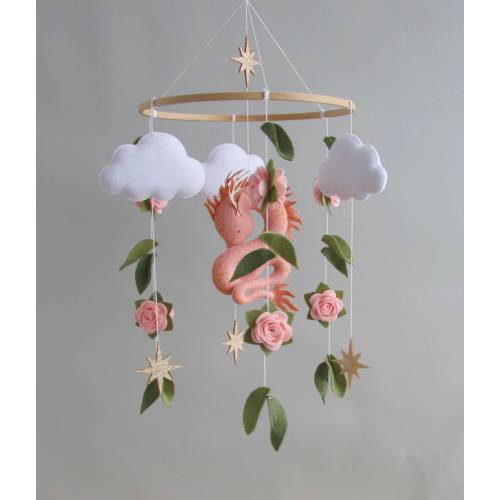 Pink Dragon baby mobile girl Crib mobile baby Cloud stars mobile nursery Fantasy theme decor Baby shower gift newborn Pregnancy gift