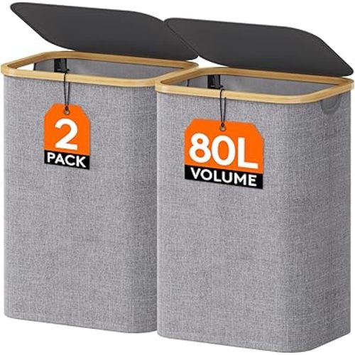 Lifewit 80L Laundry Basket with Lid, Clothes Hampers for Laundry with Bamboo Handles and 2 Removable Laundry Bags, Large Foldable Laundry Hamper for Bedroom, Bathroom, Dorm, Laundry Room, Light Gray