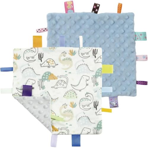 CREVENT Tag Security Blankets for Babies, Soft Small Loveys for Girls, Baby Comforter Sensory Blanket, Great Gifts for Birthday Baby Shower 10"X10" (Dinosaur+Blue)