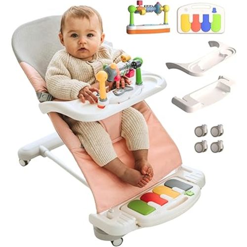 CuddoBaby Baby Bouncer 4-in-1 with Wheels, Detachable Piano, Feeding Tray, Play Bar, Thick Base. 3-Level Incline Portable Seat for Infant to Toddler 0-6, 0-12, 12-24 Months, Upto 29Lbs - Pink