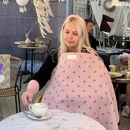 Nursing Cover for Baby Breastfeeding & Pumping | Multi Use Car Seat Stroller Cover | Breathable Soft Muslin Cotton | Breast Feeding Apron & Shawl by TISU (Dusty Pink Rainbow)