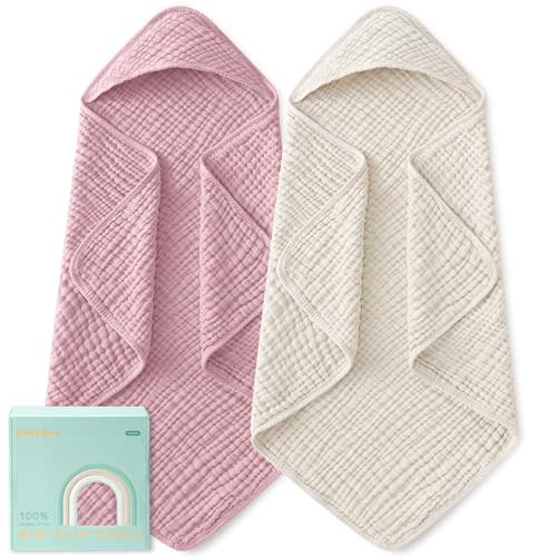Yoofoss Hooded Baby Towels for Newborn 2 Pack 100% Muslin Organic Cotton Baby Bath Towel with Hood for Babies, Infant, Toddler and Kids, Large 32x32Inch, Soft and Absorbent Newborn Essential