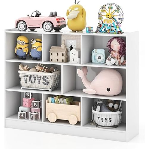 Toy Storage Organizer, 3-Tier Kids Bookshelf, 8 Cube Kids' Bookcases, Cabinets & Shelves, Wooden Toy Organizers, Small Book Shelf for Bedroom, Playroom, Classroom, Nursery (White)