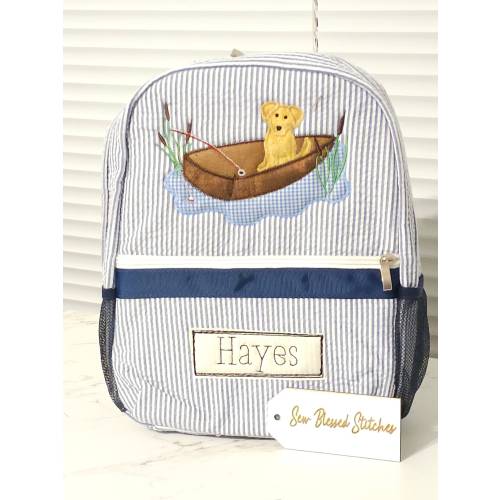 Personalized seersucker backpack, fishing applique backpack, boy custom backpack, monogram backpack, back to school, boy birthday gift