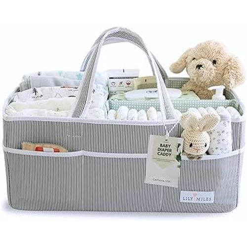 Lily Miles Baby Diaper Caddy - Organizer Tote for Infant Boy or Girl - Baby Shower Basket - Nursery Must Haves - Registry Favorites - Newborn Caddie Car Travel - Gray/Mint, Extra Large